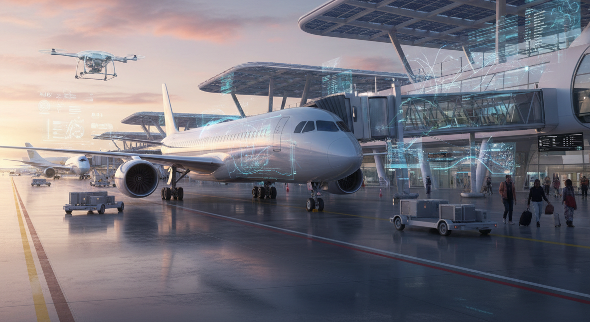 Editorial photograph titled “AI and the Future of Air Travel”: a modern passenger aircraft at a futuristic international airport, with subtle digital technology elements suggesting AI-powered travel, sophisticated realistic magazine style, clean composition, no text or logos.